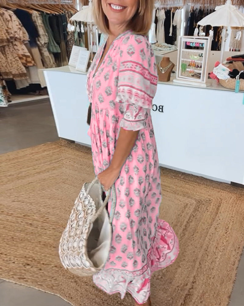 Women's Boho Print Maxi Dress with Tie Front V-Neck and Puff Sleeves