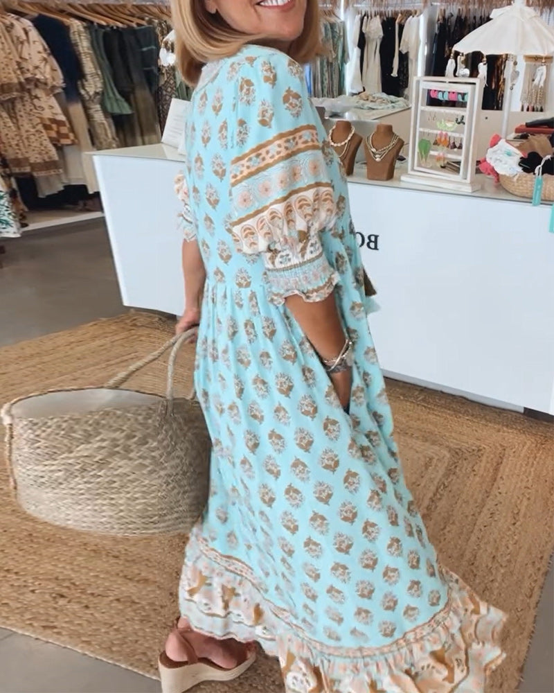 Women's Boho Print Maxi Dress with Tie Front V-Neck and Puff Sleeves