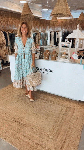 Women's Boho Print Maxi Dress with Tie Front V-Neck and Puff Sleeves