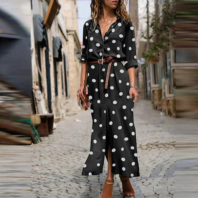 Women's Casual Wide Leg Jumpsuit with Polka Dot Print and Tie Belt