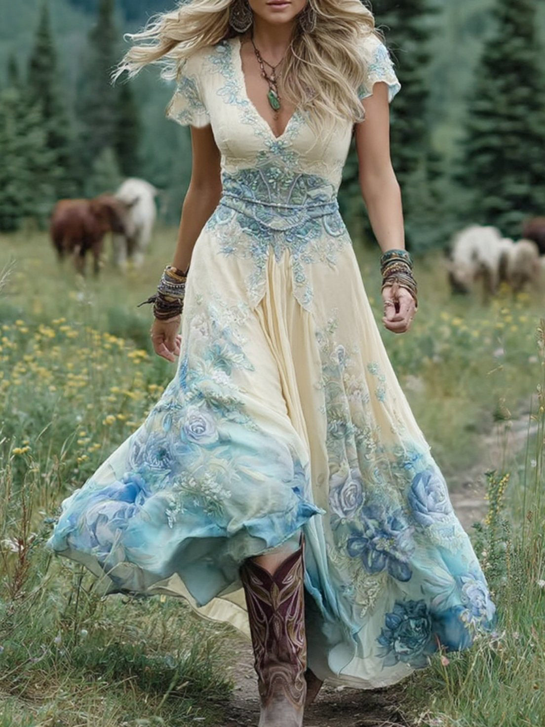 Women's Floral Maxi Sundress with V-Neck and Flowing A-Line Skirt