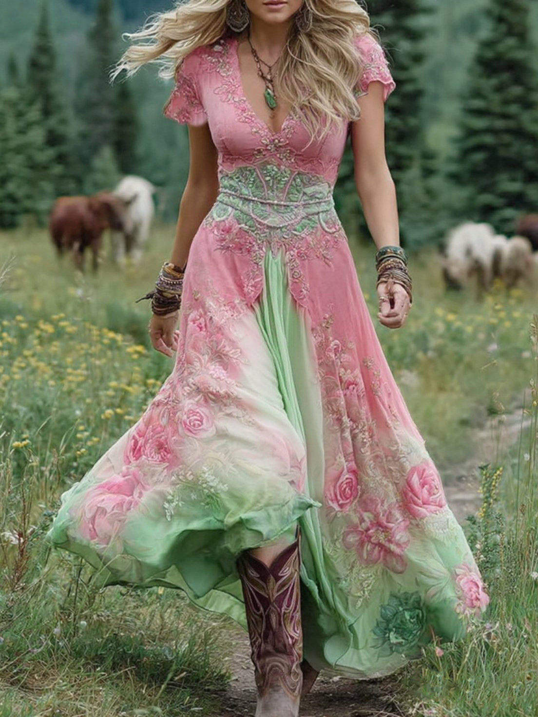 Women's Floral Maxi Sundress with V-Neck and Flowing A-Line Skirt