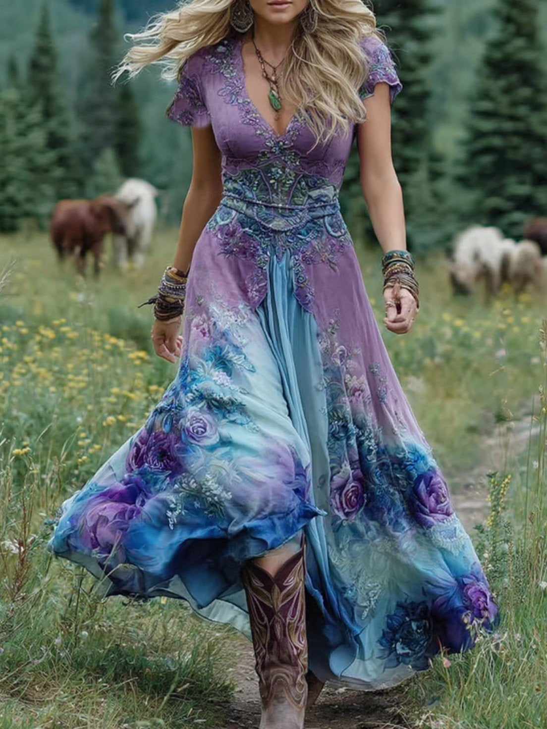 Women's Floral Maxi Sundress with V-Neck and Flowing A-Line Skirt