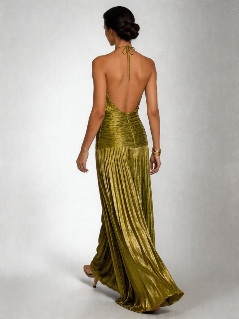 Women's Formal Sundress with Halter Neck and Pleated Metallic Skirt