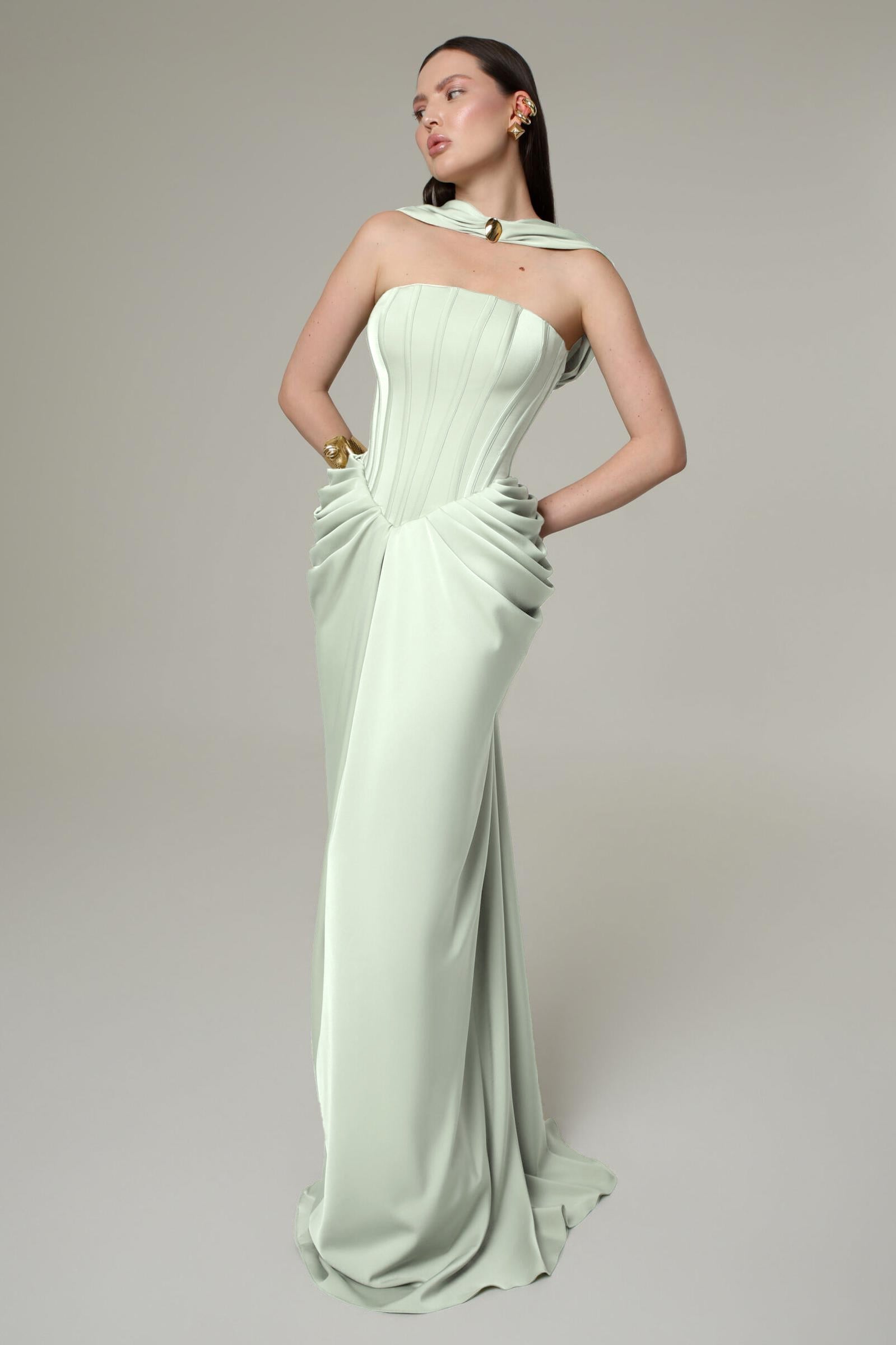 Women's Formal Sundress with Lace-Up Bodice in Pleated Satin Look