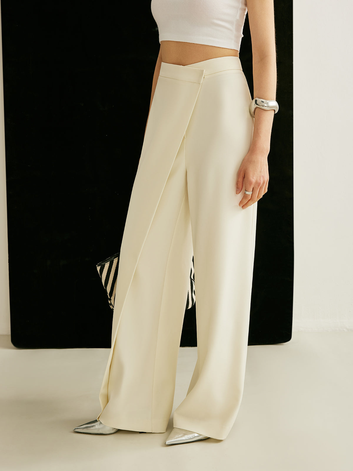 Women's High Waist Wide Leg Pants in Summer with Asymmetric Wrap Front