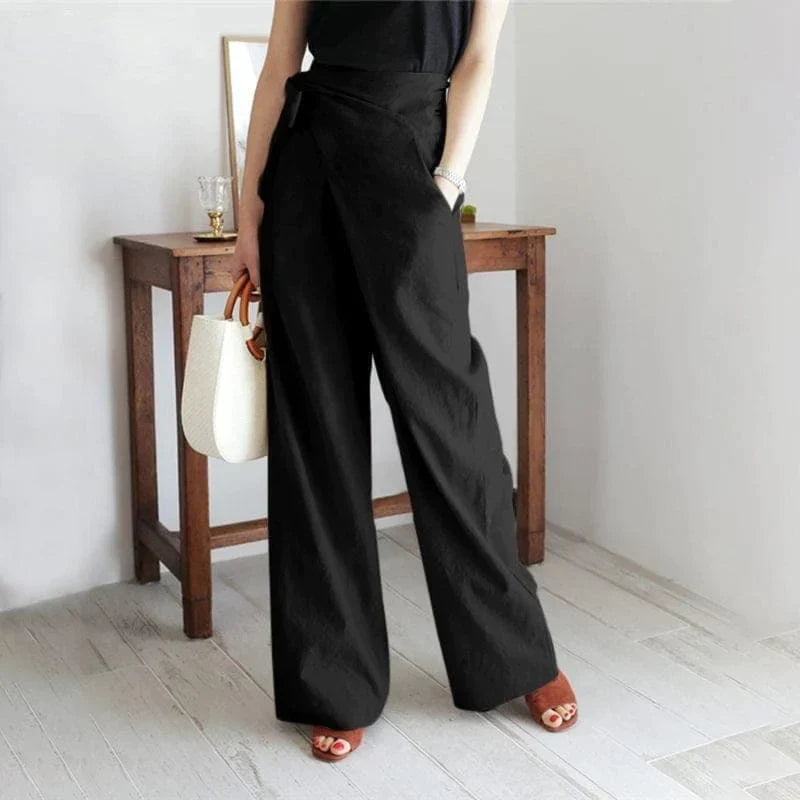 Women's High Waist Wide Leg Summer Pants with Tie Front in Linen Look