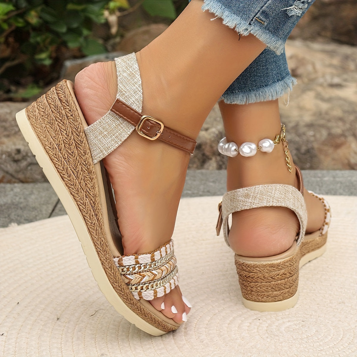 Women's Khaki Wedges with Woven Raffia Look and Buckle Ankle Strap
