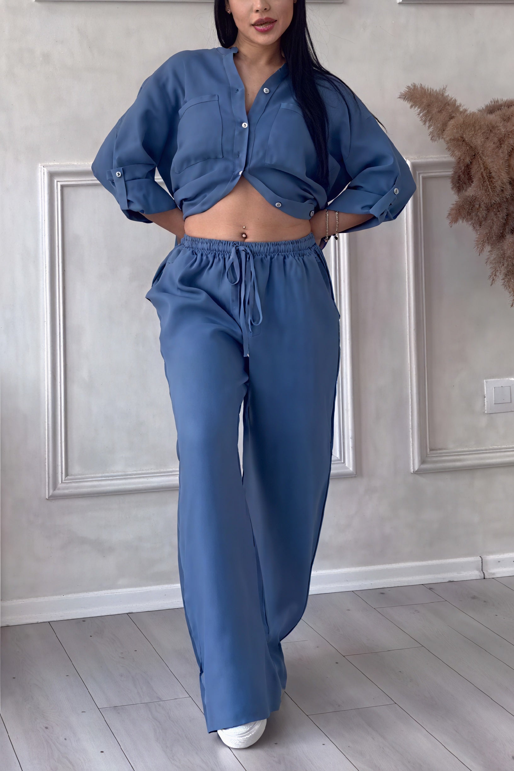 Women's Linen-Feel Wide Leg Two Piece Set with Button-Up Shirt
