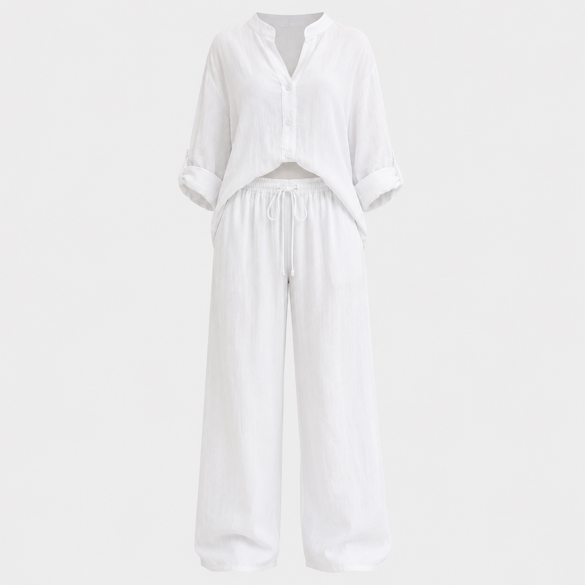 Women's Linen-Feel Wide Leg Two Piece Set with Button-Up Shirt