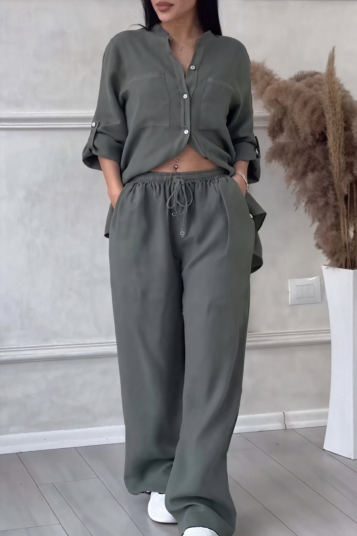 Women's Linen-Feel Wide Leg Two Piece Set with Button-Up Shirt