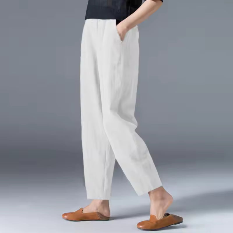Women's Linen Look Pants in Summer with Wide Legs and Side Pockets