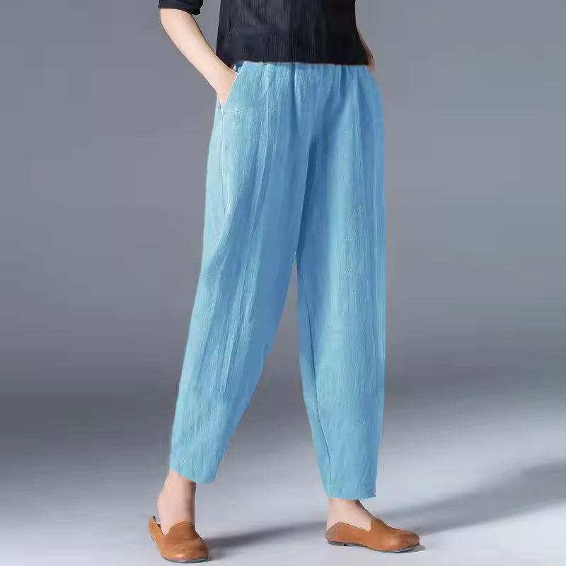 Women's Linen Look Pants in Summer with Wide Legs and Side Pockets