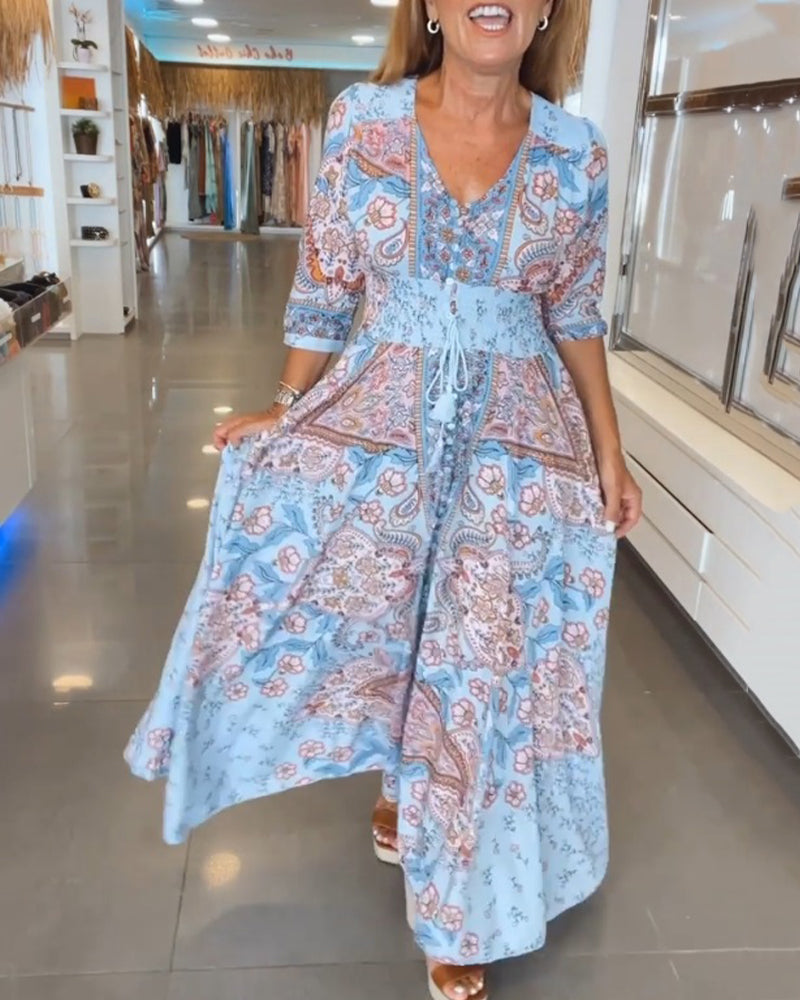 Women's Maxi Sundress with V-Neck and 3/4 Sleeves in Paisley Print