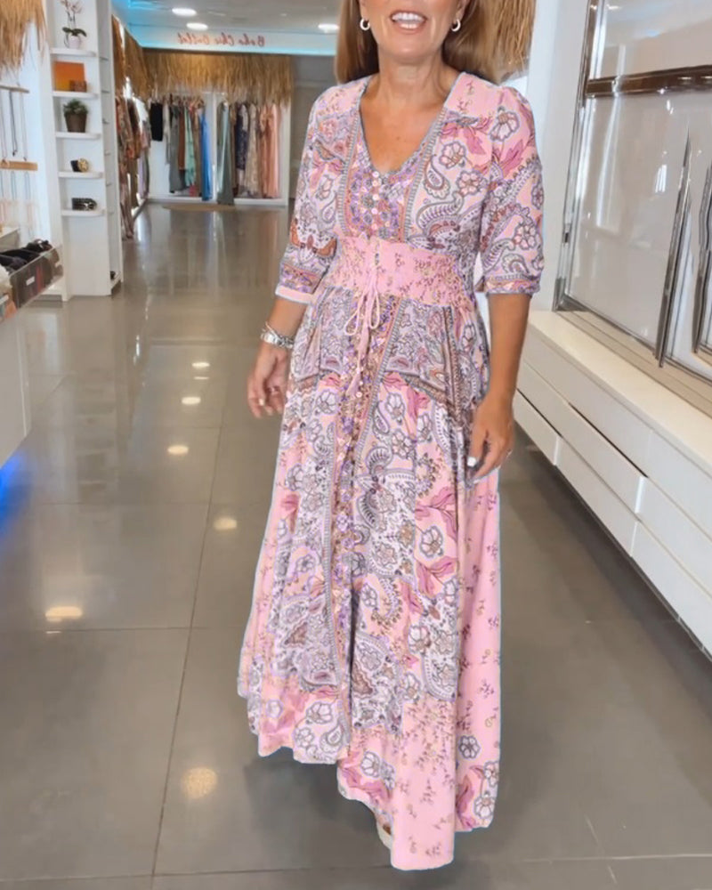 Women's Maxi Sundress with V-Neck and 3/4 Sleeves in Paisley Print