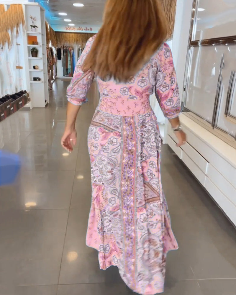 Women's Maxi Sundress with V-Neck and 3/4 Sleeves in Paisley Print