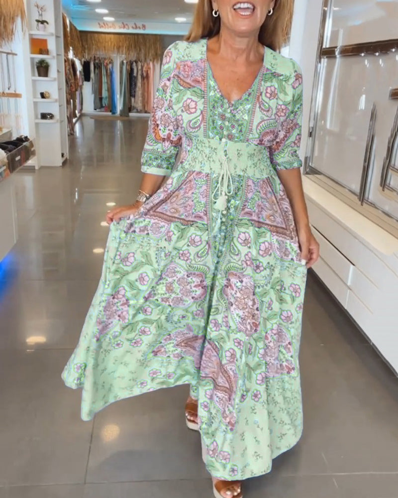 Women's Maxi Sundress with V-Neck and 3/4 Sleeves in Paisley Print