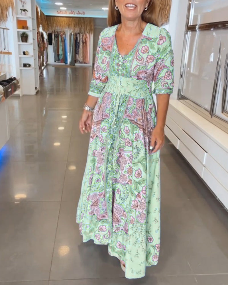 Women's Maxi Sundress with V-Neck and 3/4 Sleeves in Paisley Print