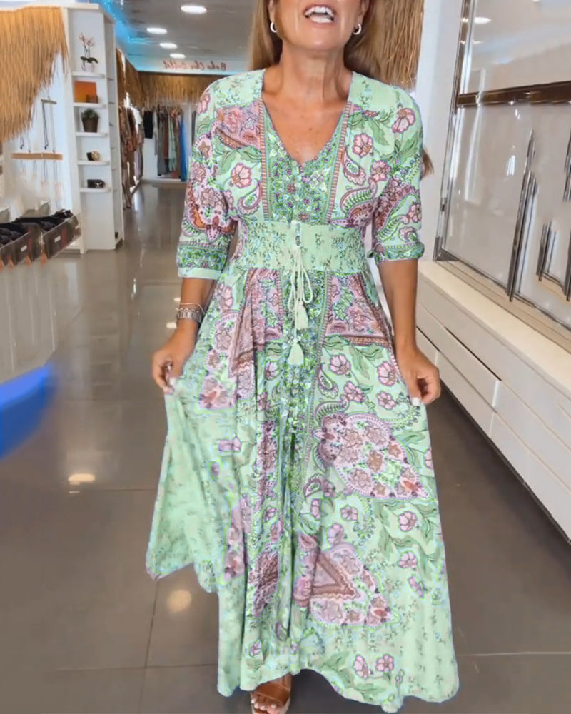 Women's Maxi Sundress with V-Neck and 3/4 Sleeves in Paisley Print