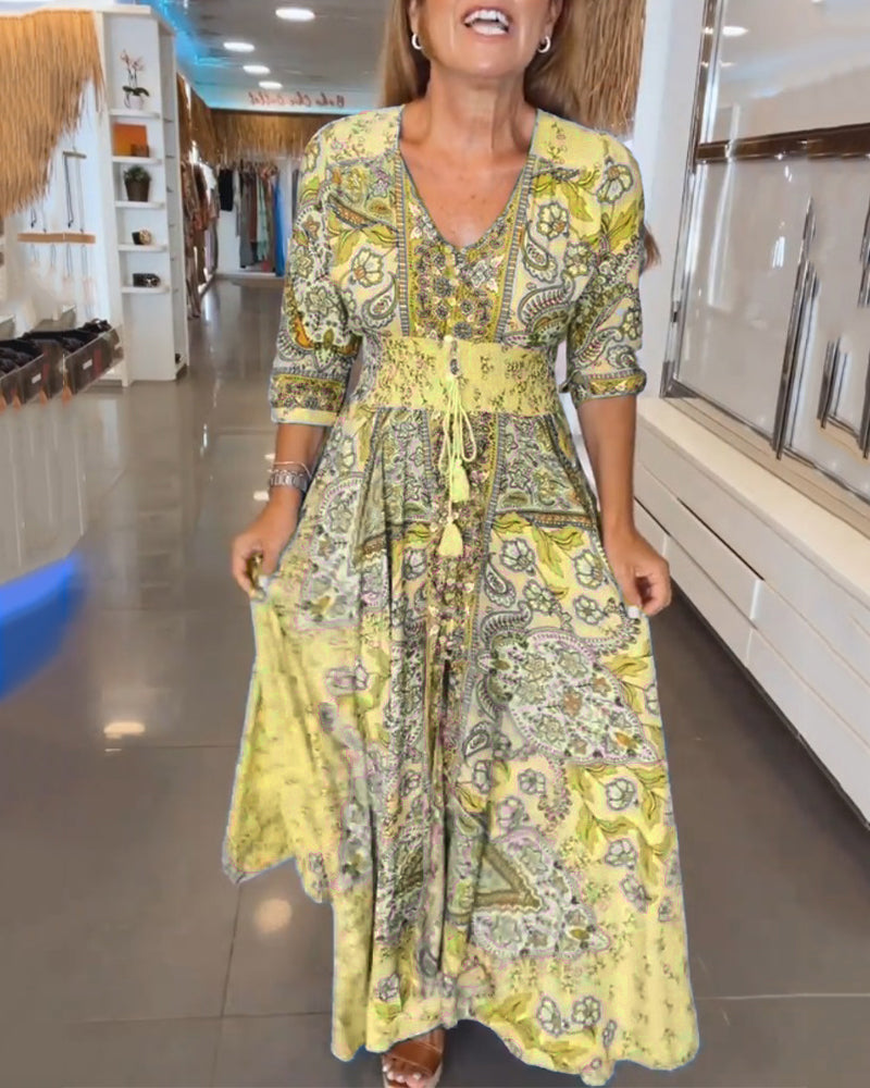 Women's Maxi Sundress with V-Neck and 3/4 Sleeves in Paisley Print