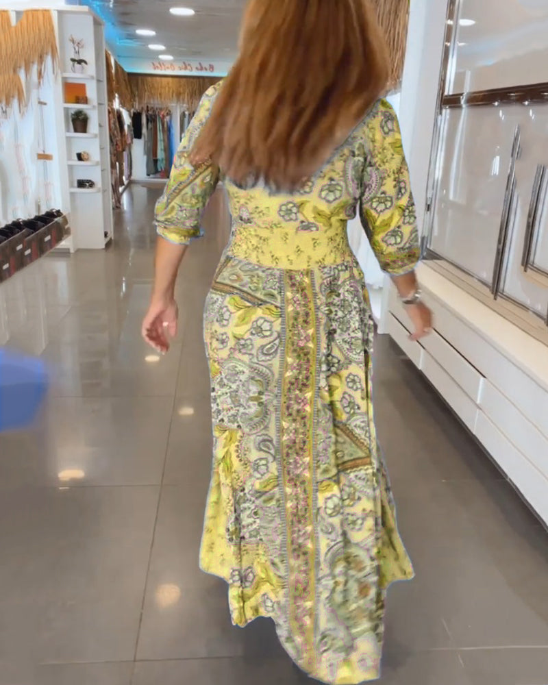 Women's Maxi Sundress with V-Neck and 3/4 Sleeves in Paisley Print