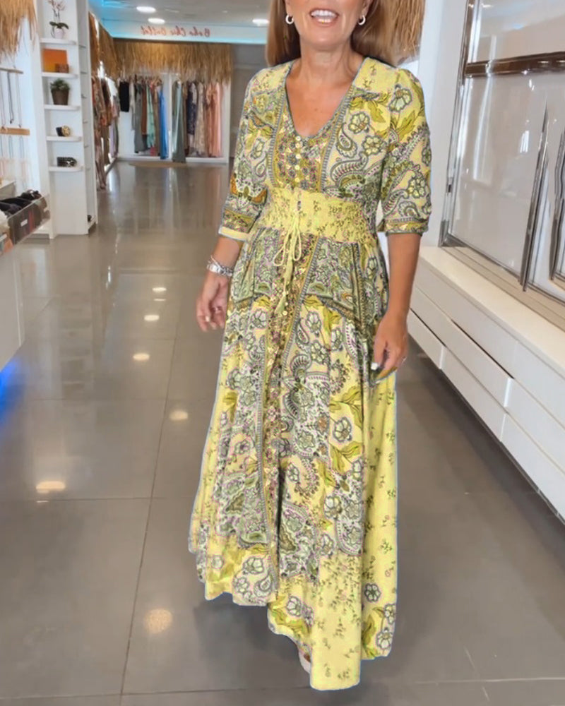 Women's Maxi Sundress with V-Neck and 3/4 Sleeves in Paisley Print