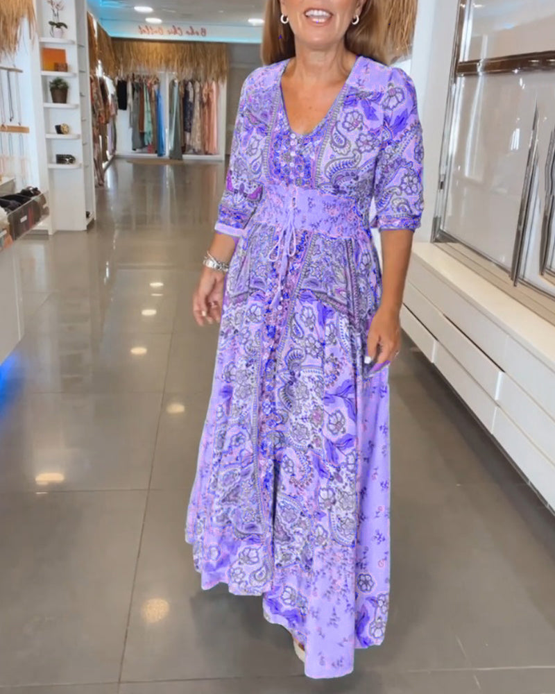 Women's Maxi Sundress with V-Neck and 3/4 Sleeves in Paisley Print
