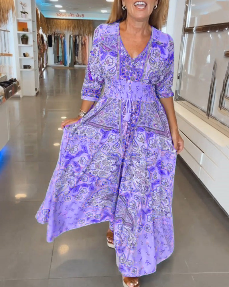Women's Maxi Sundress with V-Neck and 3/4 Sleeves in Paisley Print