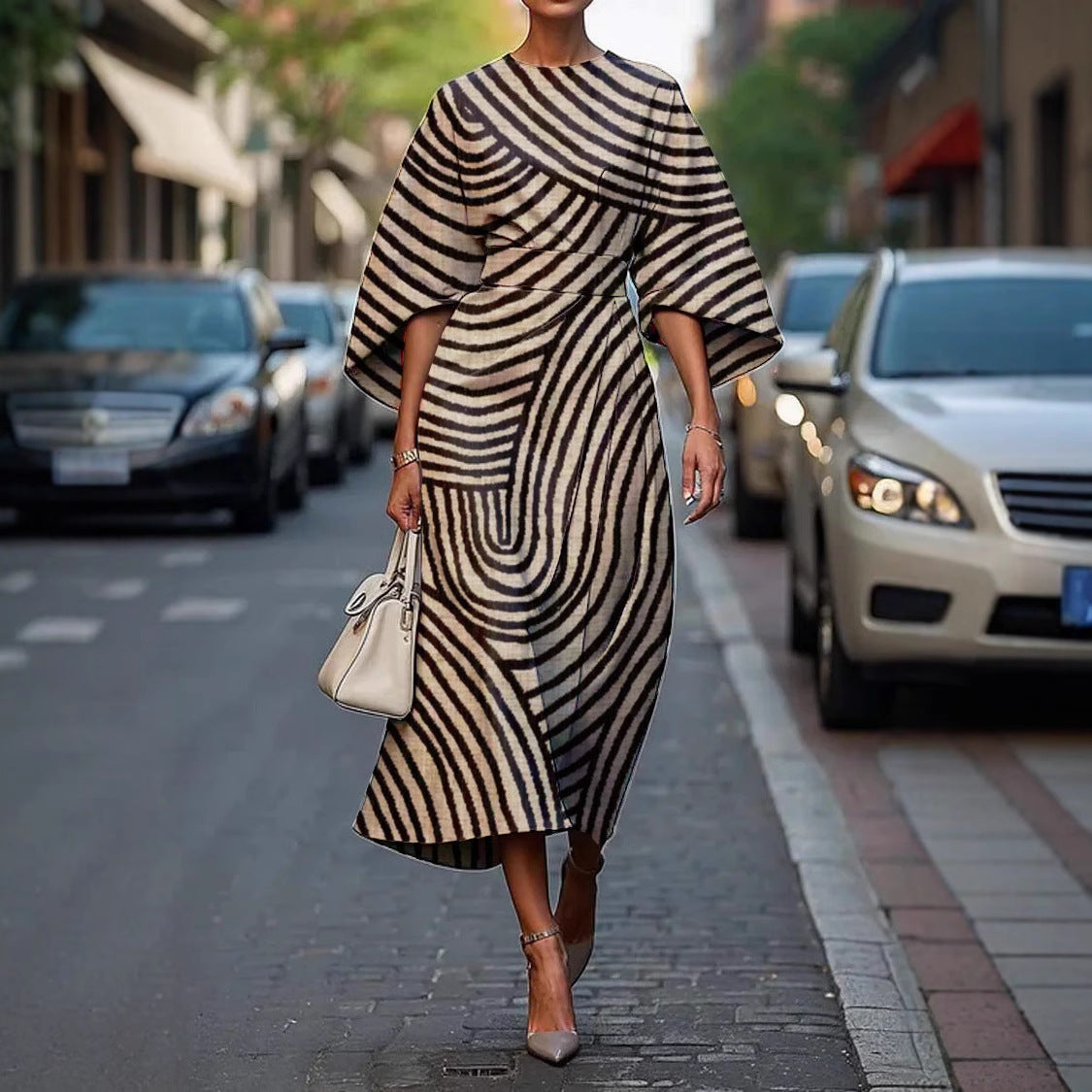 Women's Midi Summer Dresses with Batwing Sleeves and Abstract Print