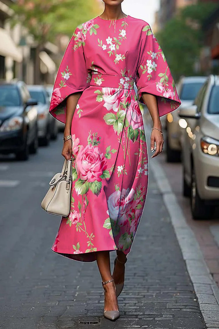 Women's Midi Summer Dresses with Batwing Sleeves and Abstract Print