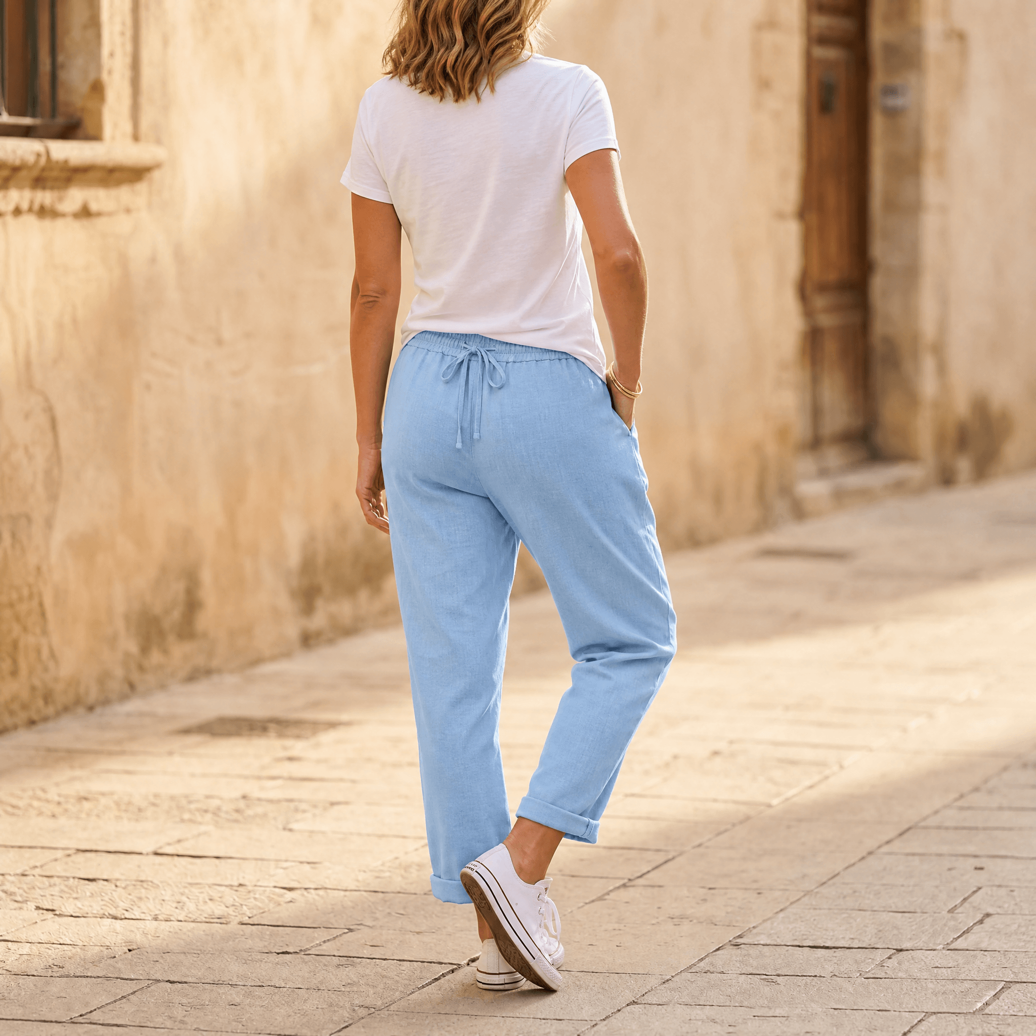 Women's Relaxed Linen-Look Pants in Summer with Drawstring Waist