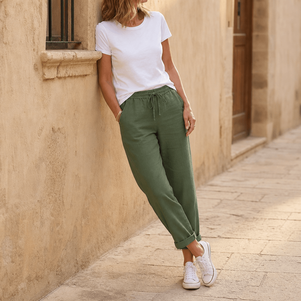 Women's Relaxed Linen-Look Pants in Summer with Drawstring Waist