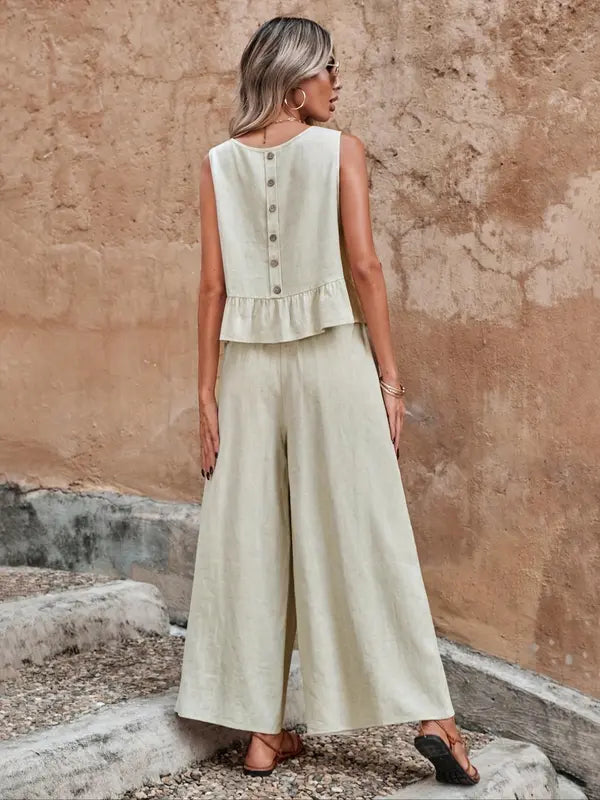 Women's Ruffle Hem Top and Wide Leg Summer Pants Set in Linen-Look