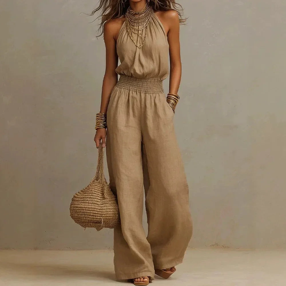 Women's Sleeveless Summer Jumpsuits with Halter Neck and Wide Leg