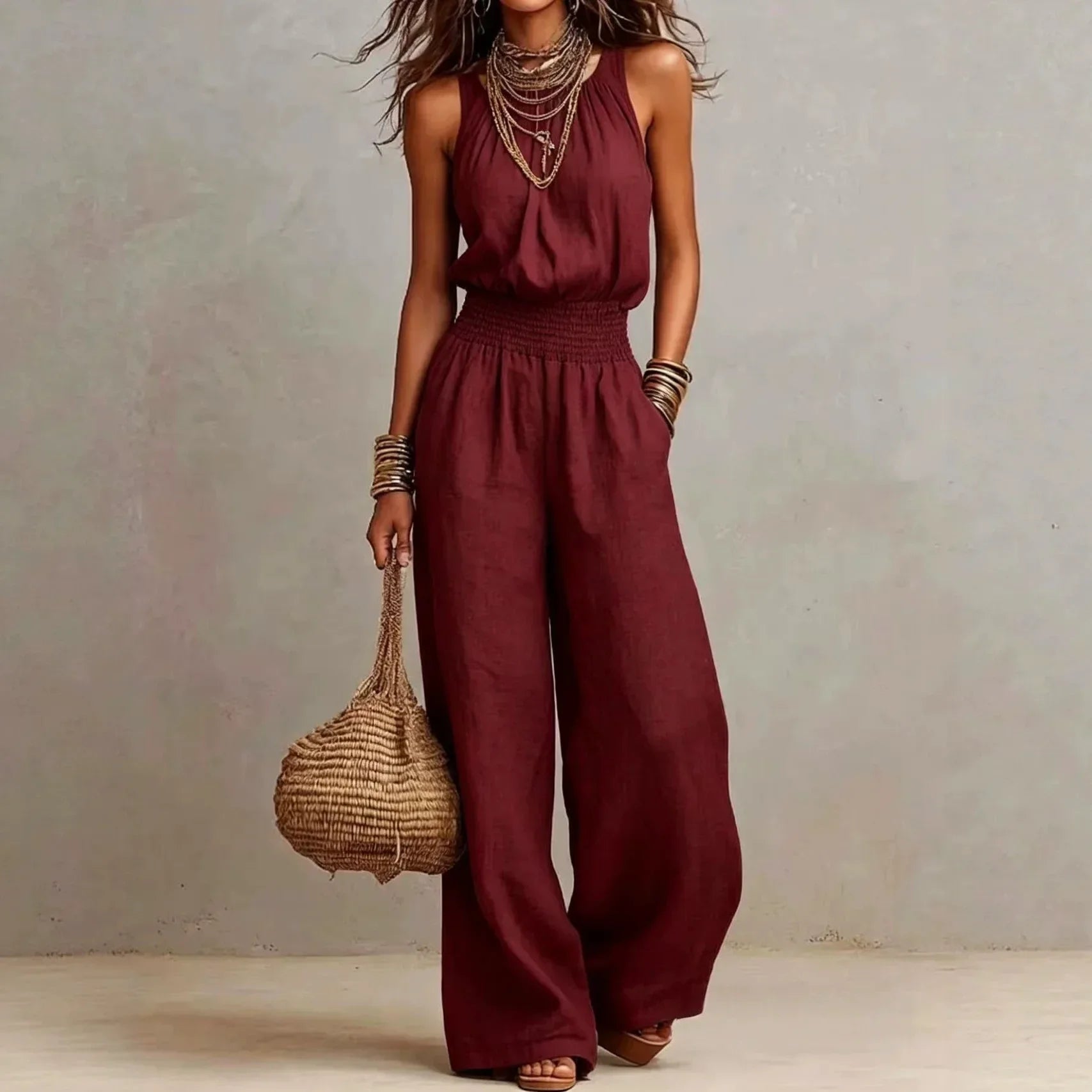 Women's Sleeveless Summer Jumpsuits with Halter Neck and Wide Leg