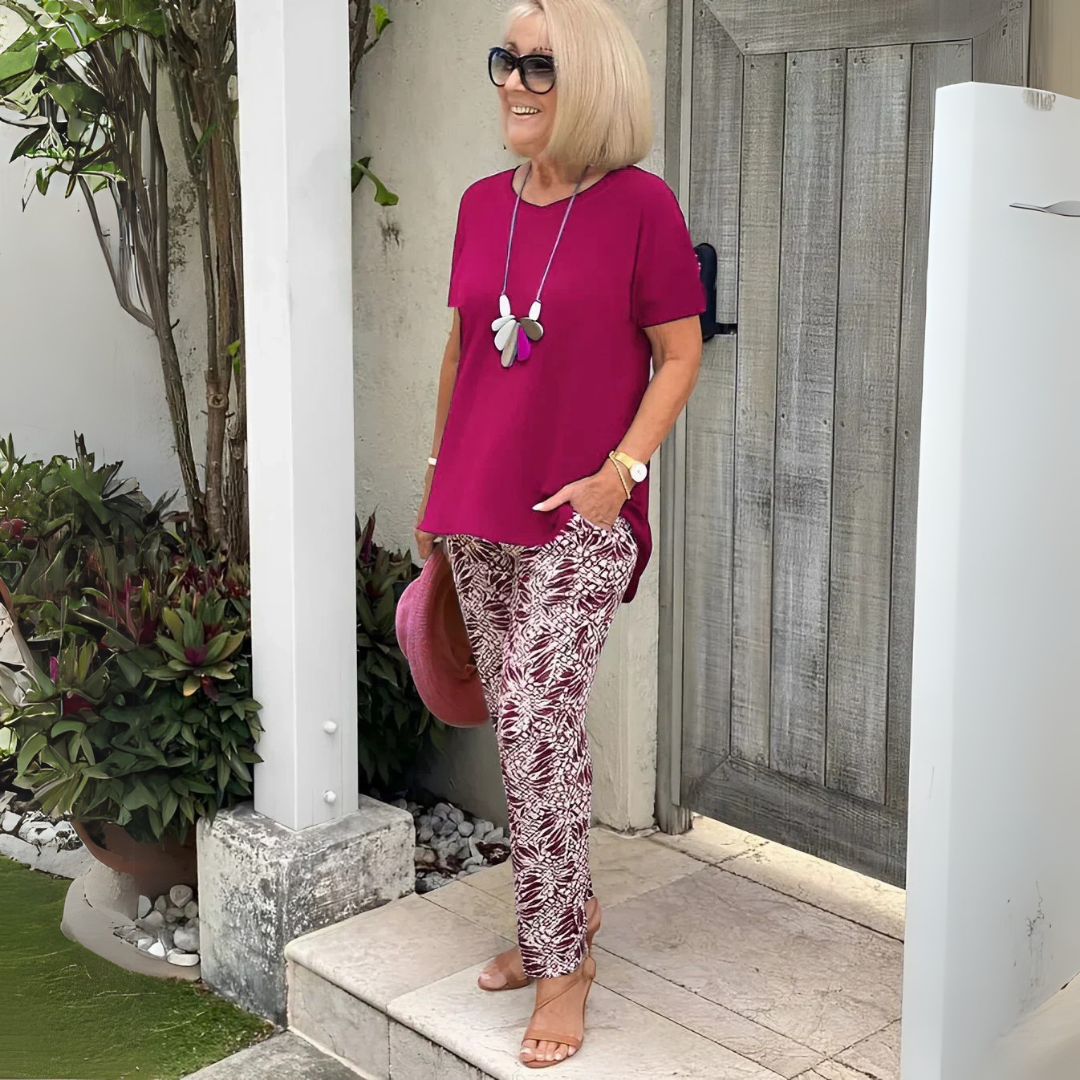 Women's Summer 2 Piece Sets with Asymmetric Hem and Patterned Pants