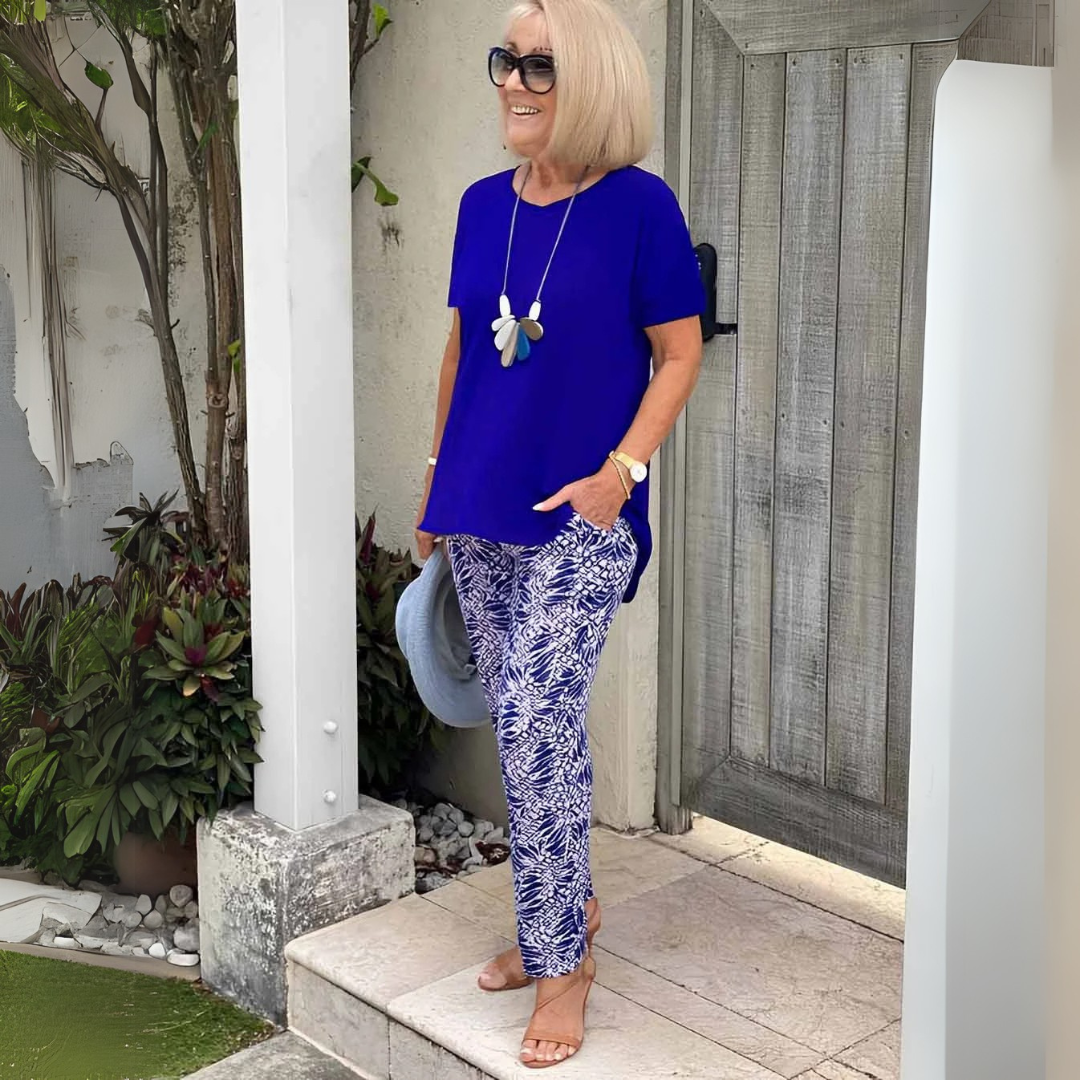 Women's Summer 2 Piece Sets with Asymmetric Hem and Patterned Pants