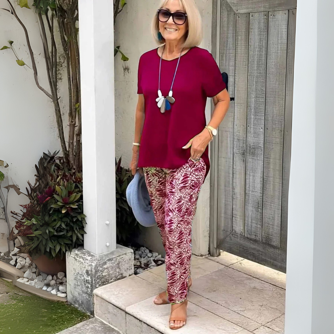 Women's Summer 2 Piece Sets with Asymmetric Hem and Patterned Pants