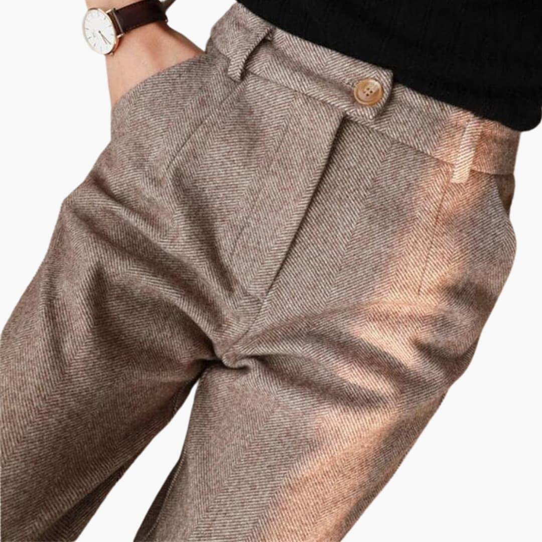 Women's Tailored Pants in Summer Herringbone Tweed Look with Pleats