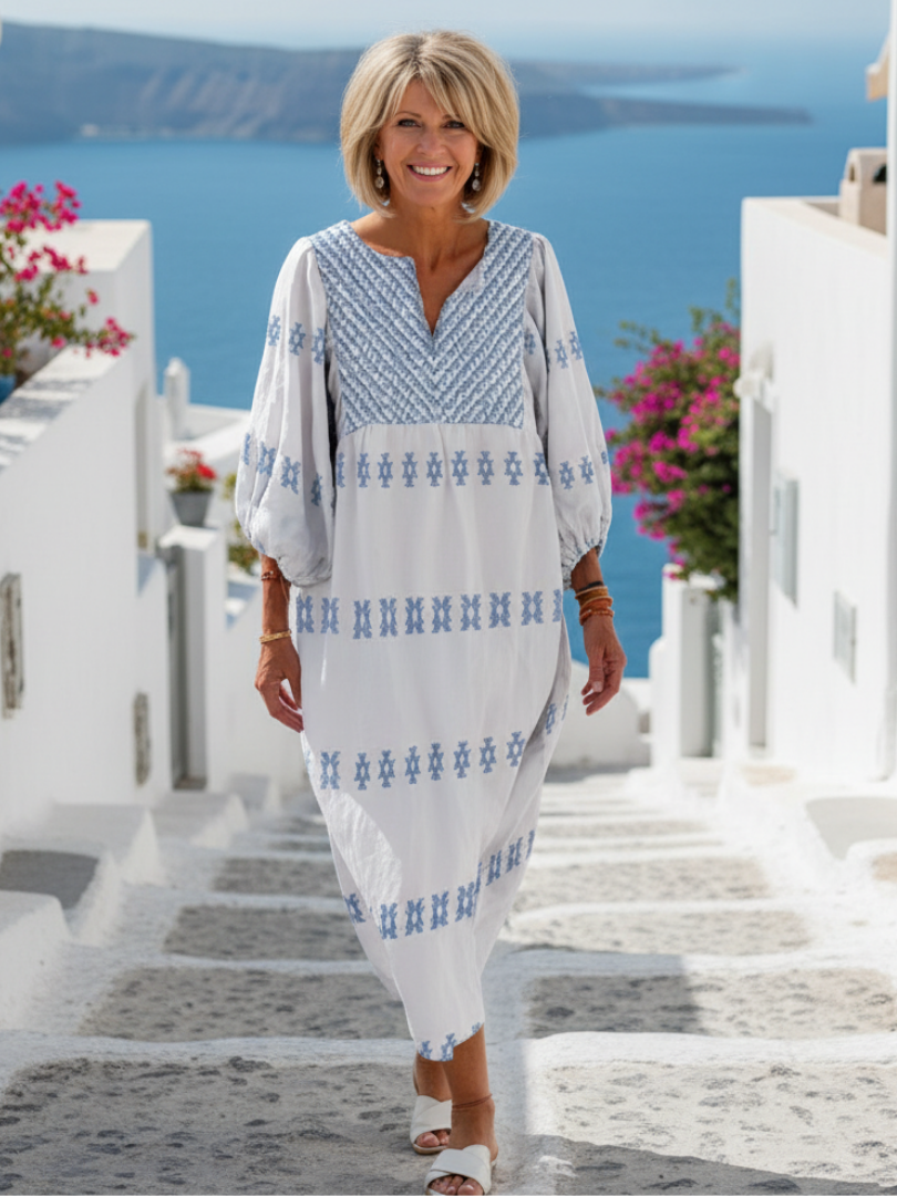 Women's White Maxi Sundress with Blue Embroidery and Balloon Sleeves