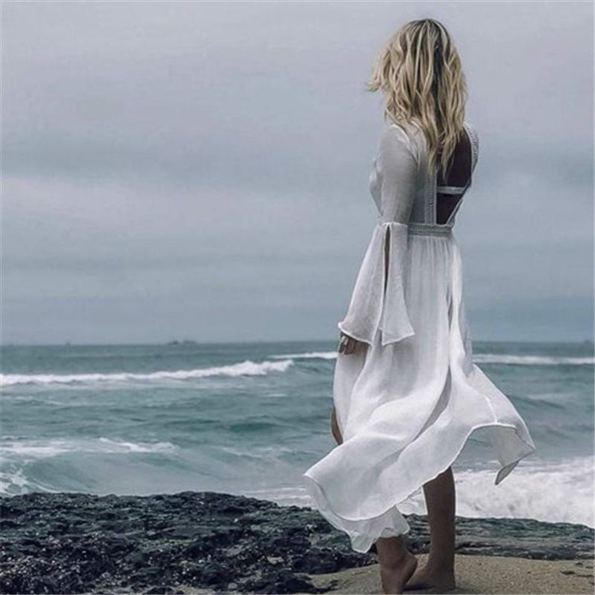 Women's White Maxi Sundress with Open Back and Flare Sleeves