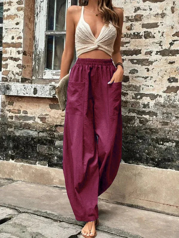 Women's Wide Leg Linen Pants in Summer with Smocked High Waist