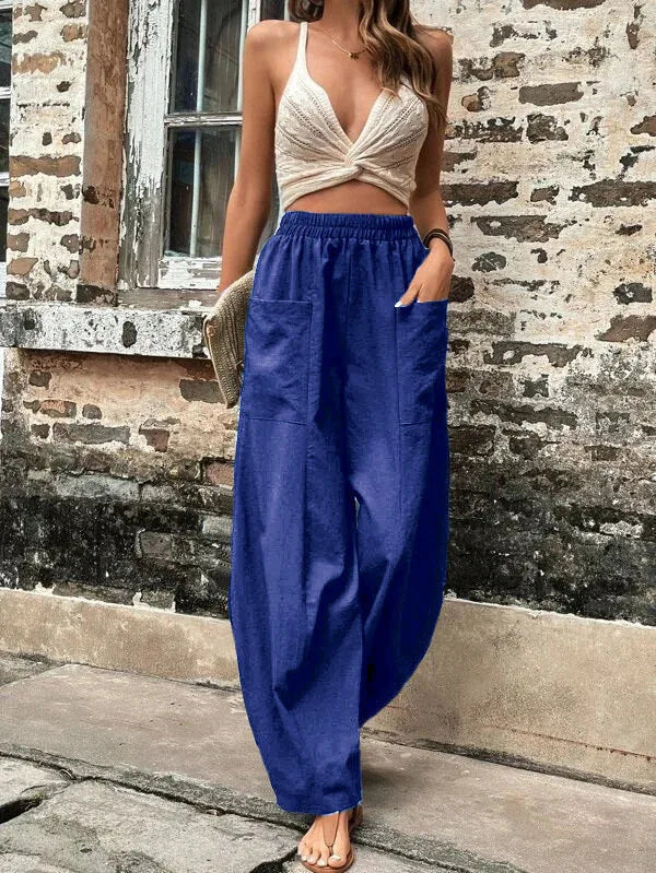 Women's Wide Leg Linen Pants in Summer with Smocked High Waist