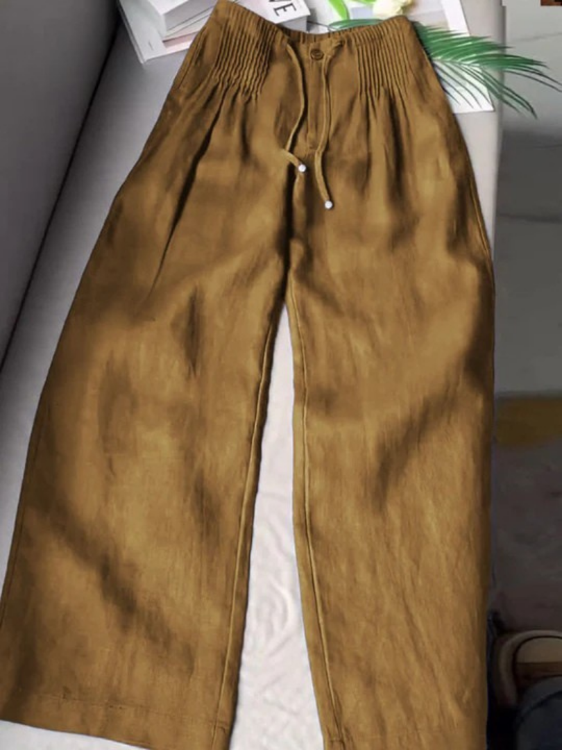 Womens Wide Leg Pants with Elastic Waistband in Linen Look