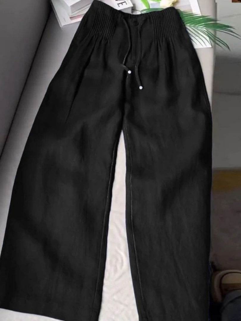 Womens Wide Leg Pants with Elastic Waistband in Linen Look
