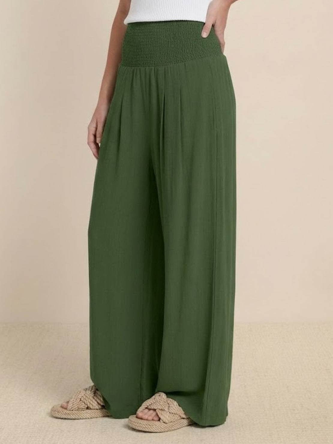 Womens Wide Leg Pants with Smocked High Waist in Linen Look