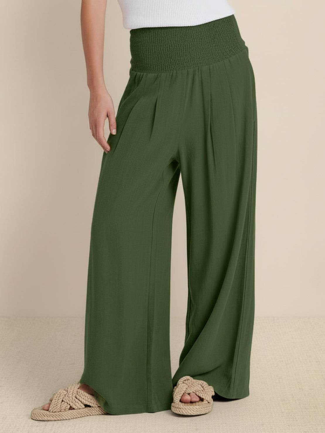 Womens Wide Leg Pants with Smocked High Waist in Linen Look