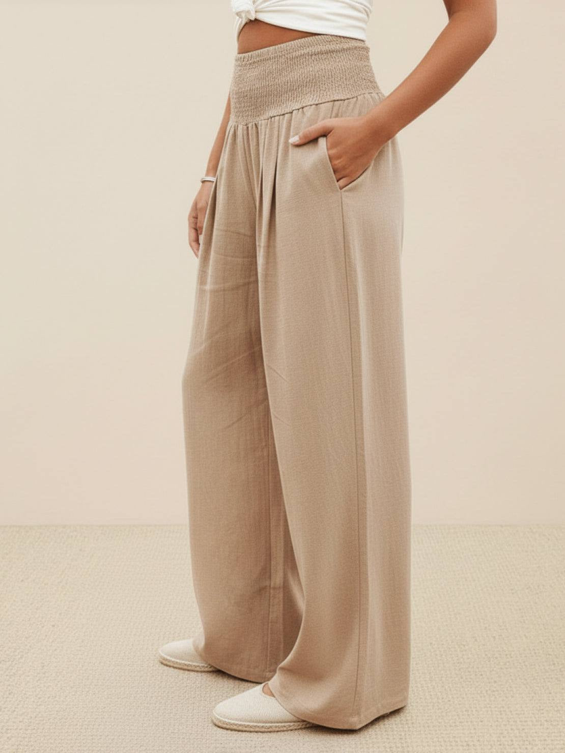 Womens Wide Leg Pants with Smocked High Waist in Linen Look