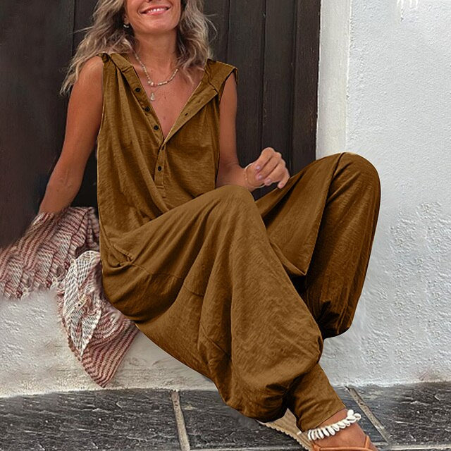 Women's Wide-Leg Summer Jumpsuits with Button Front and Pockets