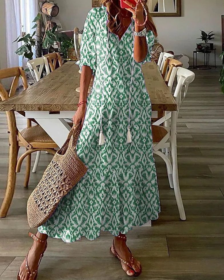 Womens Flowy Dress with V-Neck and Tassel Ties in Ikat Print Maxi